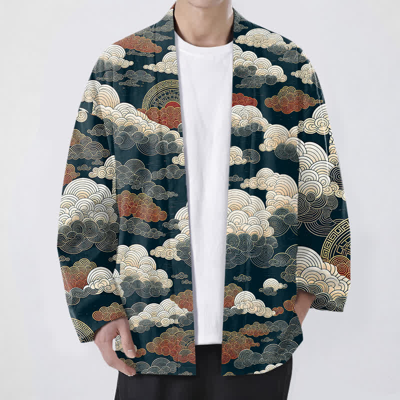 Buddha Stones Cotton Auspicious Cloud Tide Pattern Open Front Men's Kimono - Navy - US/UK/AU48，EU58 (4XL) - image 9