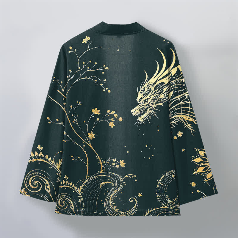 Buddha Stones Cotton Dragon Tide Florals Pattern Open Front Men's Kimono - image 2