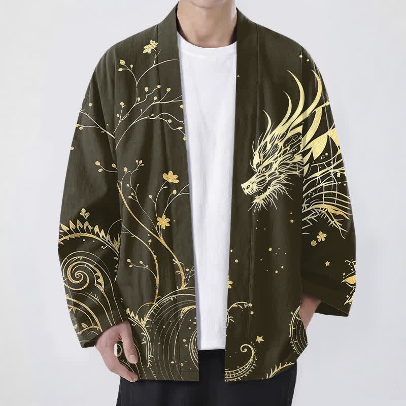 Buddha Stones Cotton Dragon Tide Florals Pattern Open Front Men's Kimono - Olive - US/UK/AU48，EU58 (4XL) - image 6