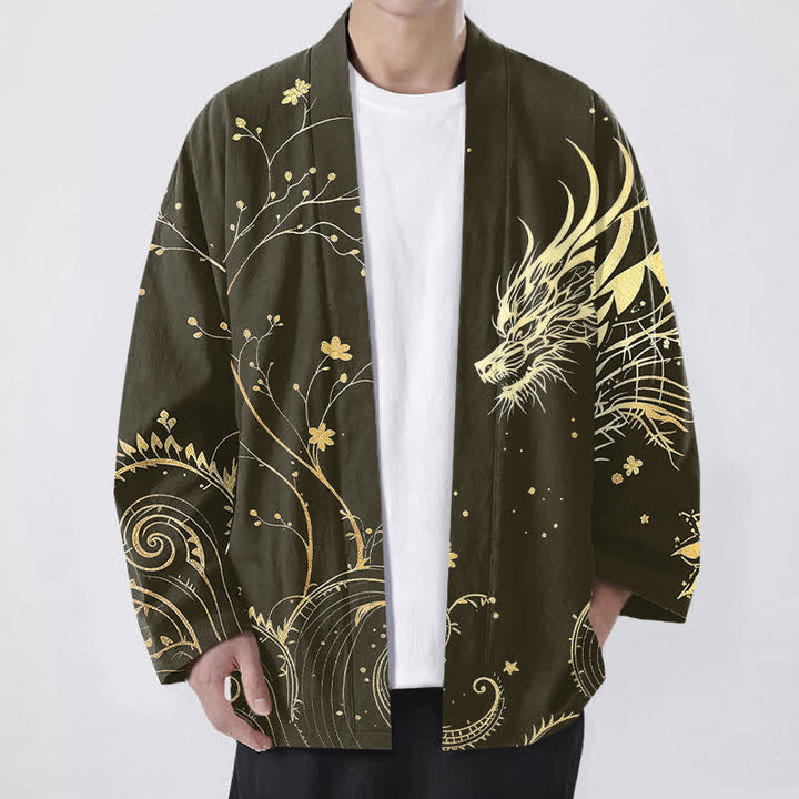 Buddha Stones Cotton Dragon Tide Florals Pattern Open Front Men's Kimono - Olive - US/UK/AU48，EU58 (4XL) - image 6