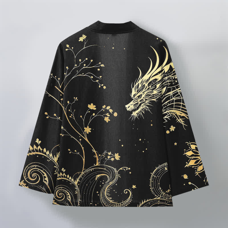 Buddha Stones Cotton Dragon Tide Florals Pattern Open Front Men's Kimono - image 11