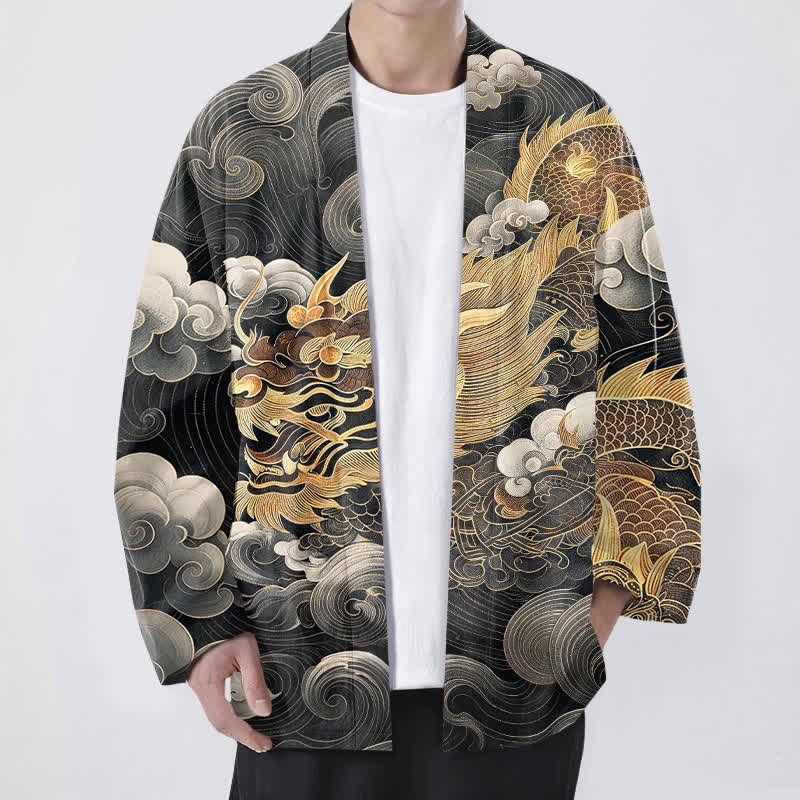 Buddha Stones Cotton Auspicious Dragon Cloud Sea Pattern Open Front Men's Kimono - Black - US/UK/AU48，EU58 (4XL) - image 0