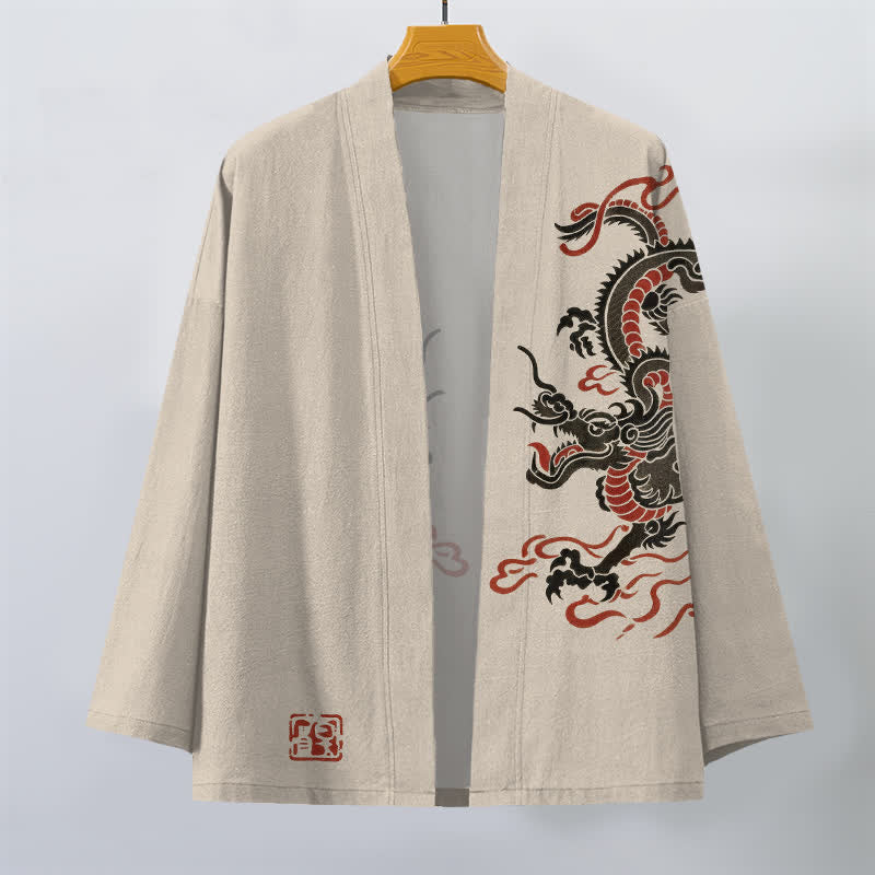 Buddha Stones Cotton Black Red Dragon Pattern Open Front Men's Kimono - image 1