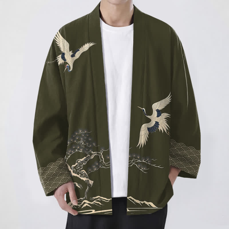 Buddha Stones Cotton Crane Pine Landscape Pattern Open Front Men's Kimono - DarkOliveGreen - US/UK/AU48，EU58 (4XL) - image 0
