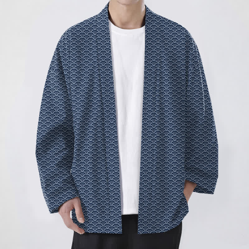 Buddha Stones Cotton Japanese Ocean Wave Pattern Open Front Men's Kimono - Navy - US/UK/AU48，EU58 (4XL) - image 0