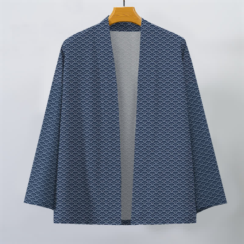 Buddha Stones Cotton Japanese Ocean Wave Pattern Open Front Men's Kimono - image 1