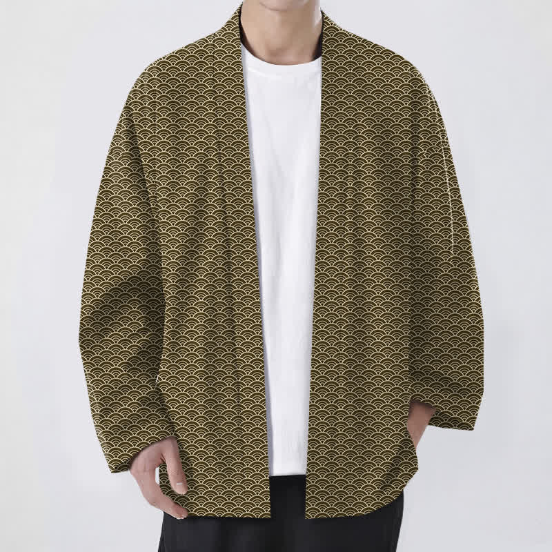 Buddha Stones Cotton Japanese Ocean Wave Pattern Open Front Men's Kimono - DarkGoldenrod - US/UK/AU48，EU58 (4XL) - image 6