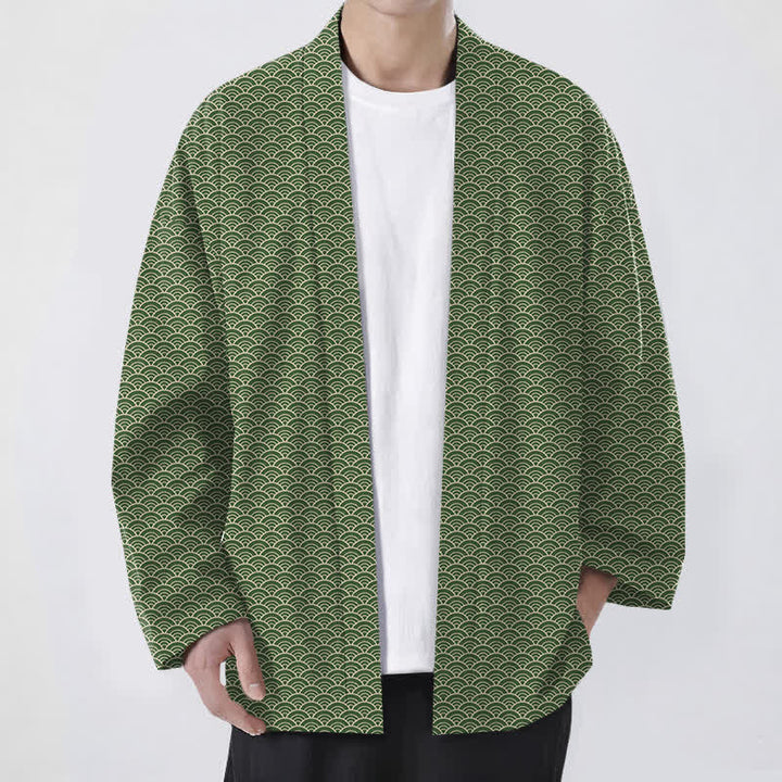 Buddha Stones Cotton Japanese Ocean Wave Pattern Open Front Men's Kimono - OliveDrab - US/UK/AU48，EU58 (4XL) - image 9