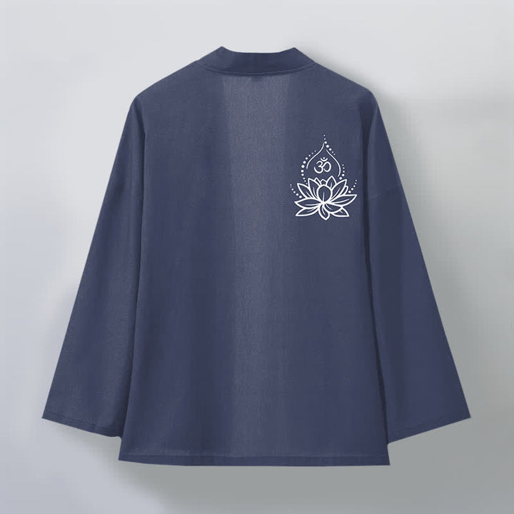 Buddha Stones Cotton Lotus Om Pattern Open Front Men's Kimono - image 2