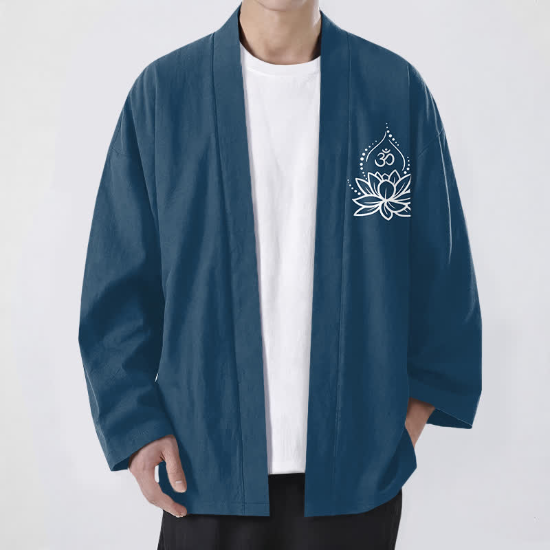 Buddha Stones Cotton Lotus Om Pattern Open Front Men's Kimono - SteelBlue - US/UK/AU48，EU58 (4XL) - image 6