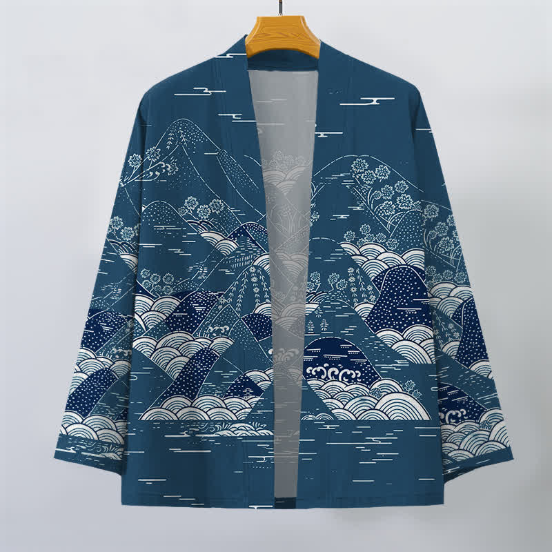 Buddha Stones Cotton Japanese Landscape Waves Pattern Open Front Men's Kimono - image 1