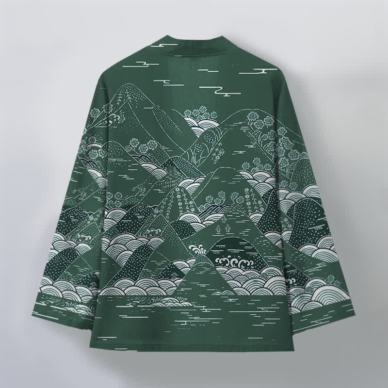 Buddha Stones Cotton Japanese Landscape Waves Pattern Open Front Men's Kimono - image 8