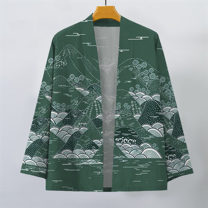 Buddha Stones Cotton Japanese Landscape Waves Pattern Open Front Men's Kimono - image 7