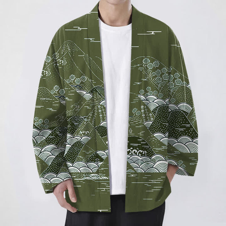 Buddha Stones Cotton Japanese Landscape Waves Pattern Open Front Men's Kimono - OliveDrab - US/UK/AU48，EU58 (4XL) - image 9