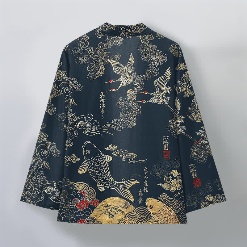 Buddha Stones Cotton Chinese Crane And Koi Fish Pattern Open Front Men's Kimono - image 2