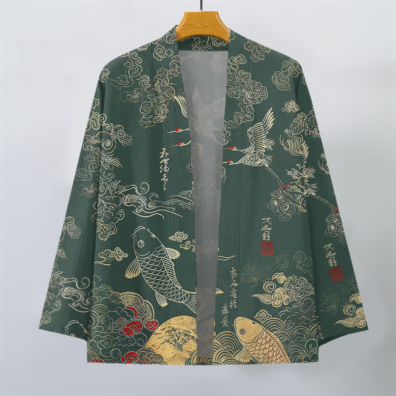 Buddha Stones Cotton Chinese Crane And Koi Fish Pattern Open Front Men's Kimono - image 7