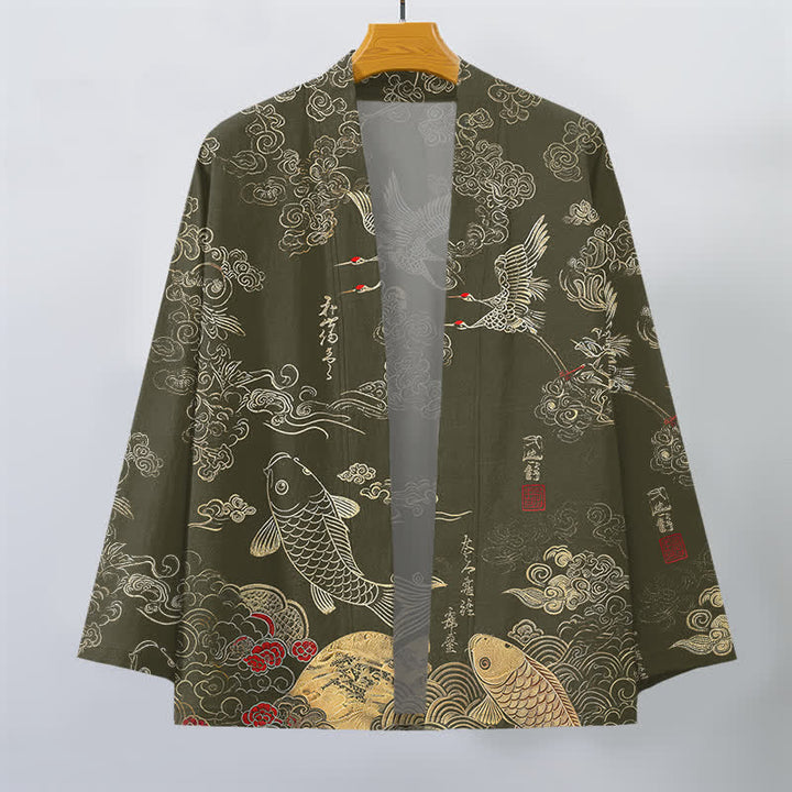 Buddha Stones Cotton Chinese Crane And Koi Fish Pattern Open Front Men's Kimono - image 10