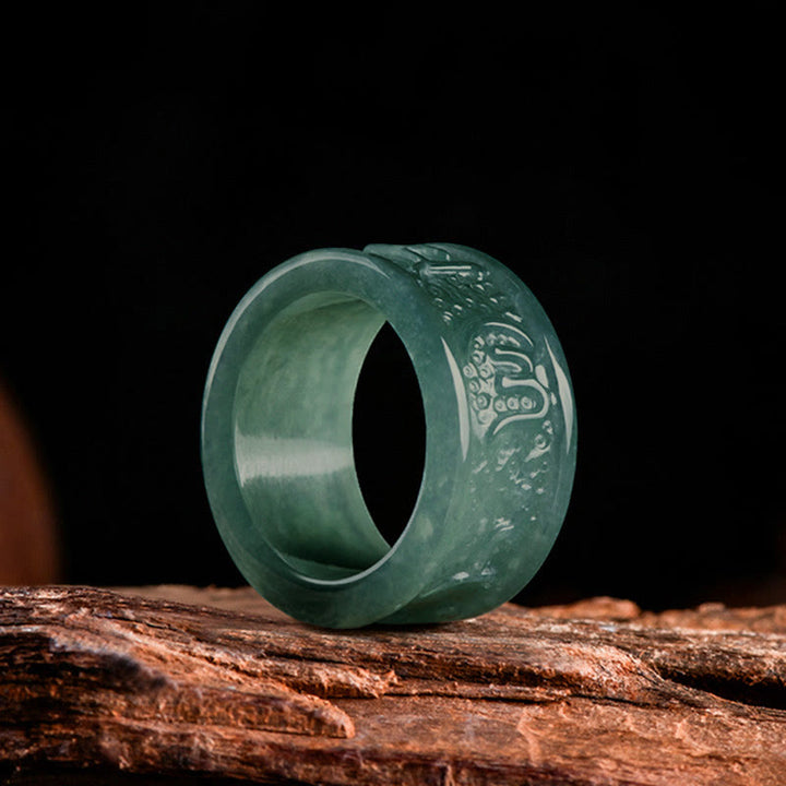 Buddha Stones Natural Jade Om Mani Padme Hum Carved Prosperity Ring - image 1