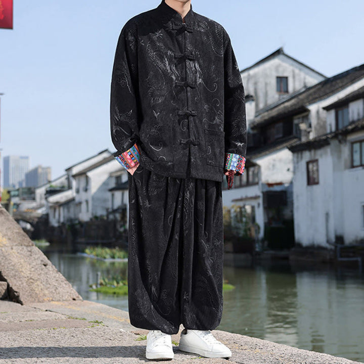 Buddha Stones Fall Winter Tang Style Vintage Mandarin Collar Frog Button Abstract Cotton Shirt Pants Men's Meditation Cloth With Pockets - image 13