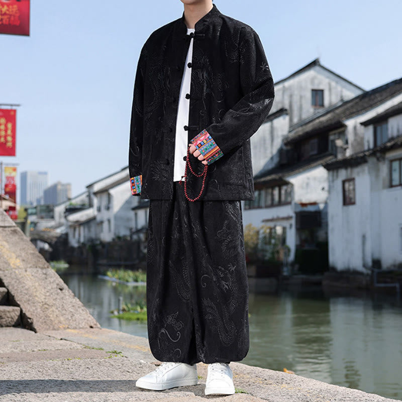 Buddha Stones Fall Winter Tang Style Vintage Mandarin Collar Frog Button Abstract Cotton Shirt Pants Men's Meditation Cloth With Pockets - image 16