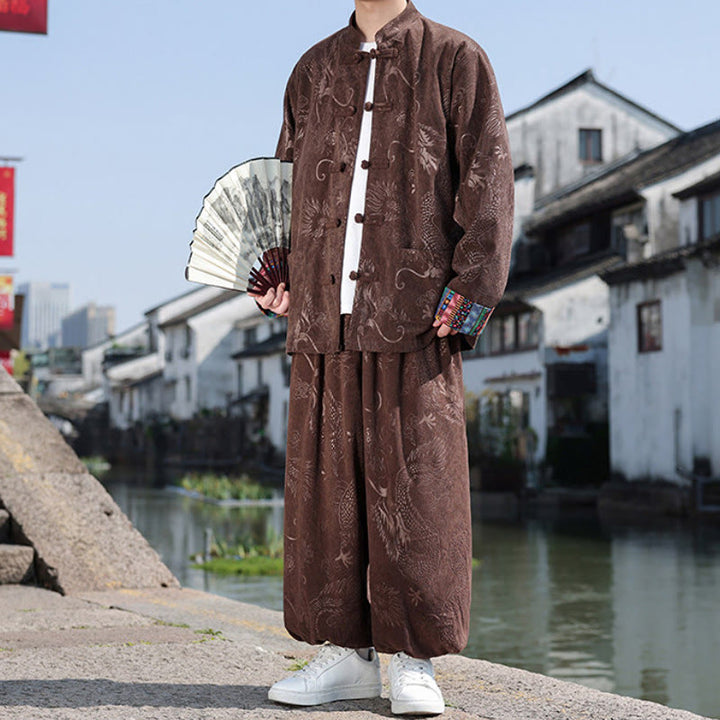 Buddha Stones Fall Winter Tang Style Vintage Mandarin Collar Frog Button Abstract Cotton Shirt Pants Men's Meditation Cloth With Pockets - Sienna - US/UK/AU46，EU56 (5XL) - image 0