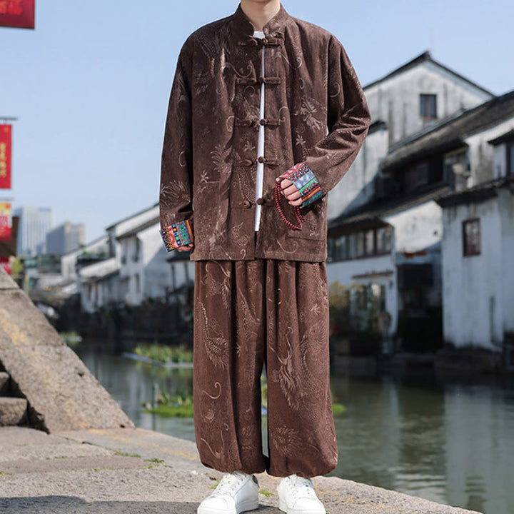 Buddha Stones Fall Winter Tang Style Vintage Mandarin Collar Frog Button Abstract Cotton Shirt Pants Men's Meditation Cloth With Pockets - image 2