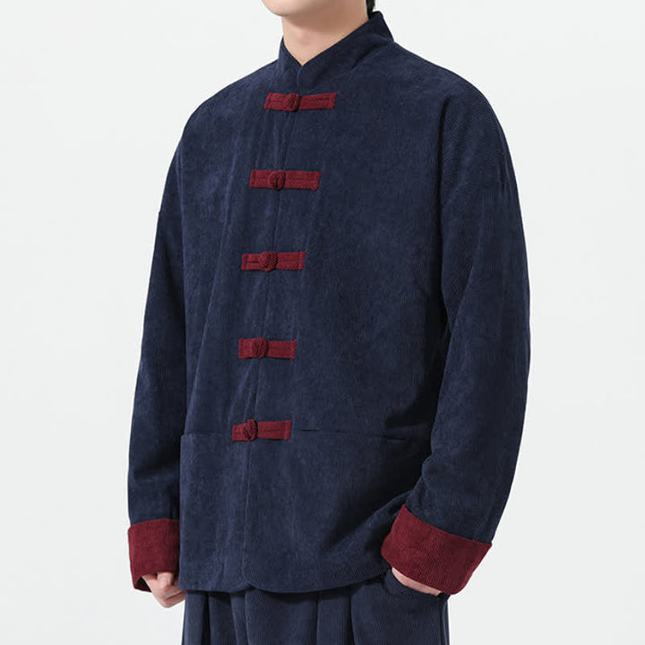 Buddha Stones Fall Winter Casual Tang Style Frog Button Solid Men's Jackets With Pockets - image 3