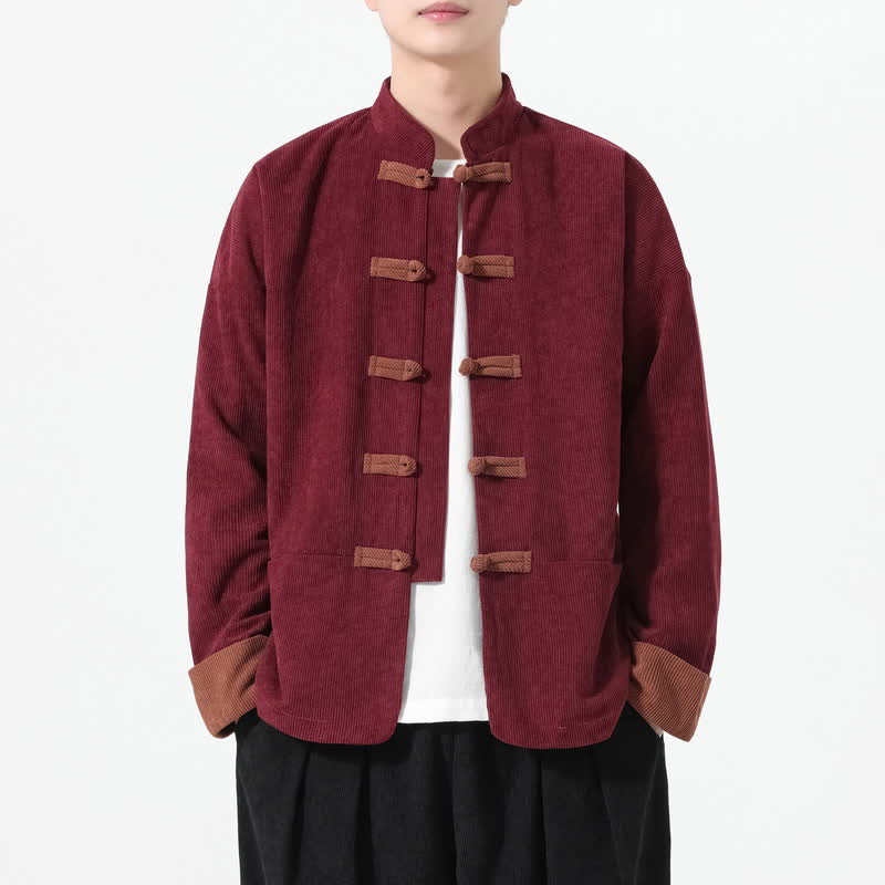 Buddha Stones Fall Winter Casual Tang Style Frog Button Solid Men's Jackets With Pockets - Maroon - US/UK/AU46，EU56 (5XL) - image 11