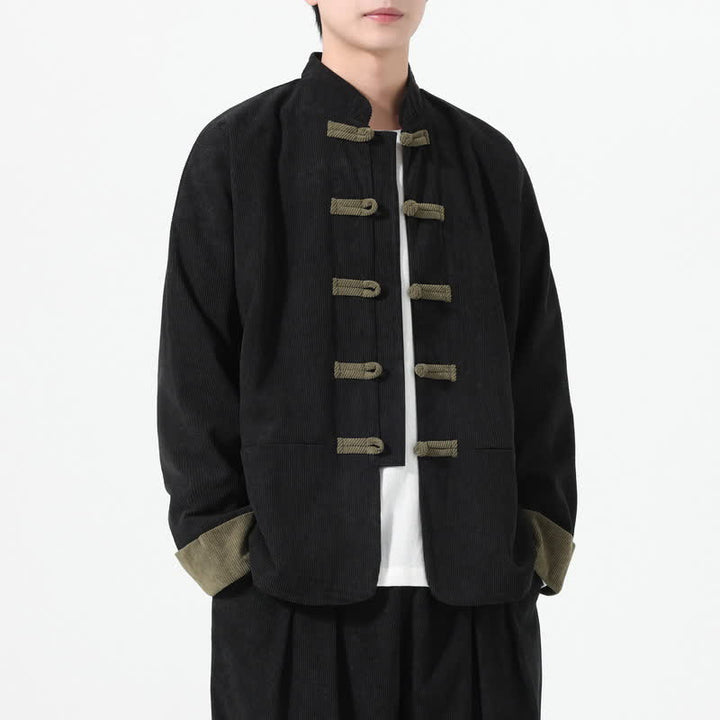 Buddha Stones Fall Winter Casual Tang Style Frog Button Solid Men's Jackets With Pockets - Black - US/UK/AU46，EU56 (5XL) - image 5