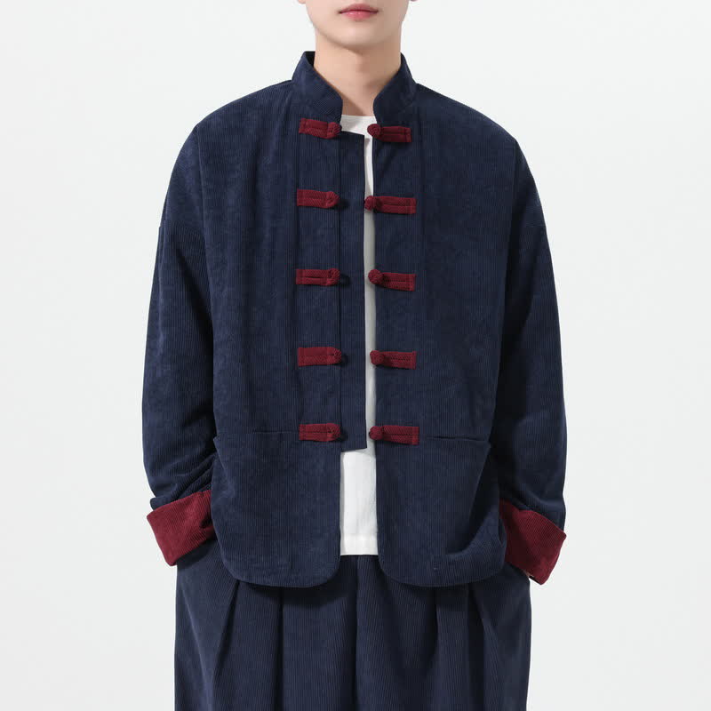 Buddha Stones Fall Winter Casual Tang Style Frog Button Solid Men's Jackets With Pockets - Navy - US/UK/AU46，EU56 (5XL) - image 0