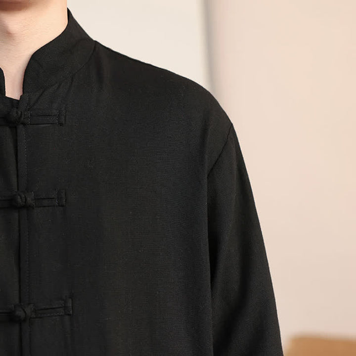Buddha Stones Fall Winter Casual Tang Style Frog Button Mandarin Collar Solid Men's Jackets With Pockets - image 8