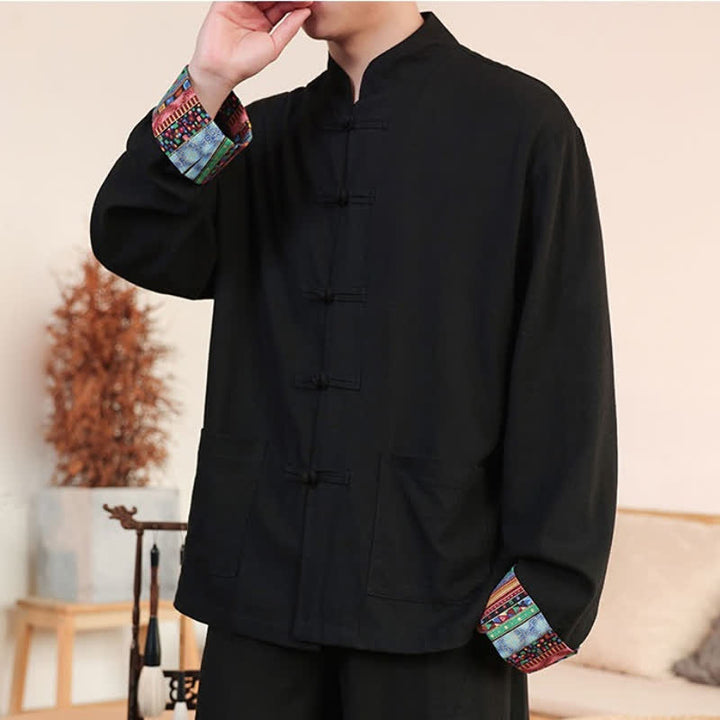 Buddha Stones Fall Winter Casual Tang Style Frog Button Mandarin Collar Solid Men's Jackets With Pockets - image 5
