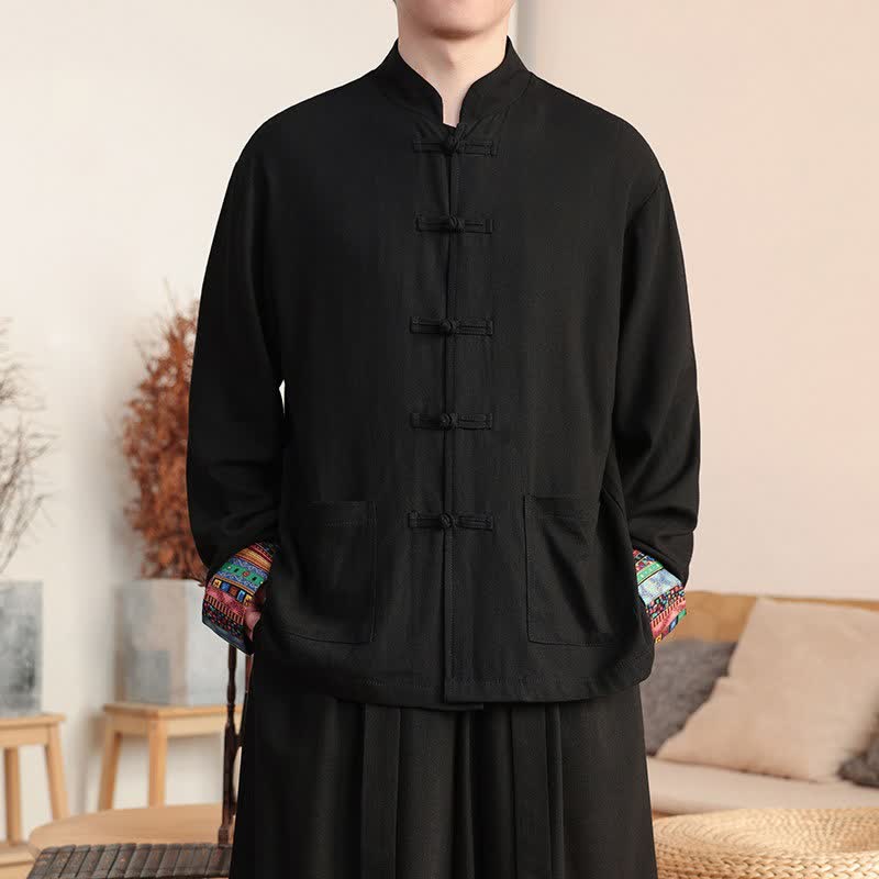 Buddha Stones Fall Winter Casual Tang Style Frog Button Mandarin Collar Solid Men's Jackets With Pockets - Black - US/UK/AU46，EU56 (5XL) - image 3