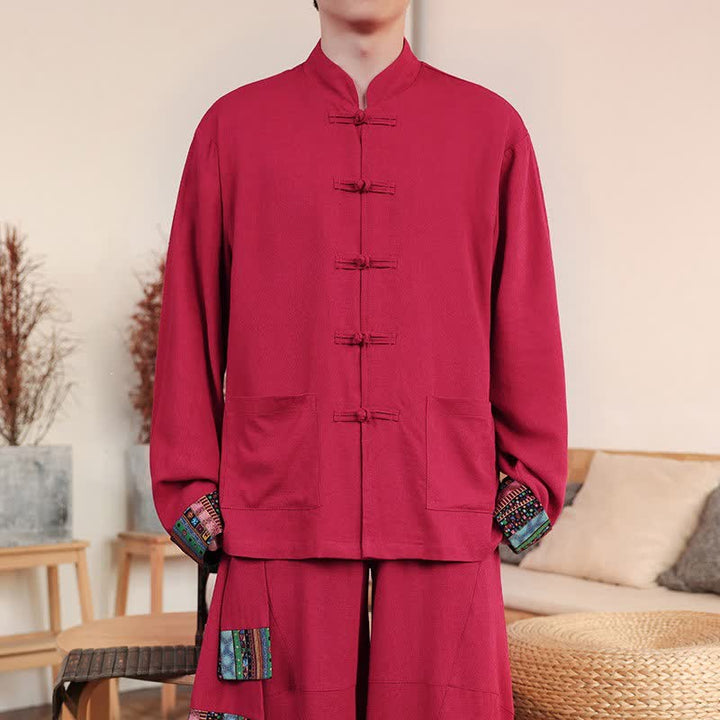 Buddha Stones Fall Winter Casual Tang Style Frog Button Mandarin Collar Solid Men's Jackets With Pockets - Crimson - US/UK/AU46，EU56 (5XL) - image 11