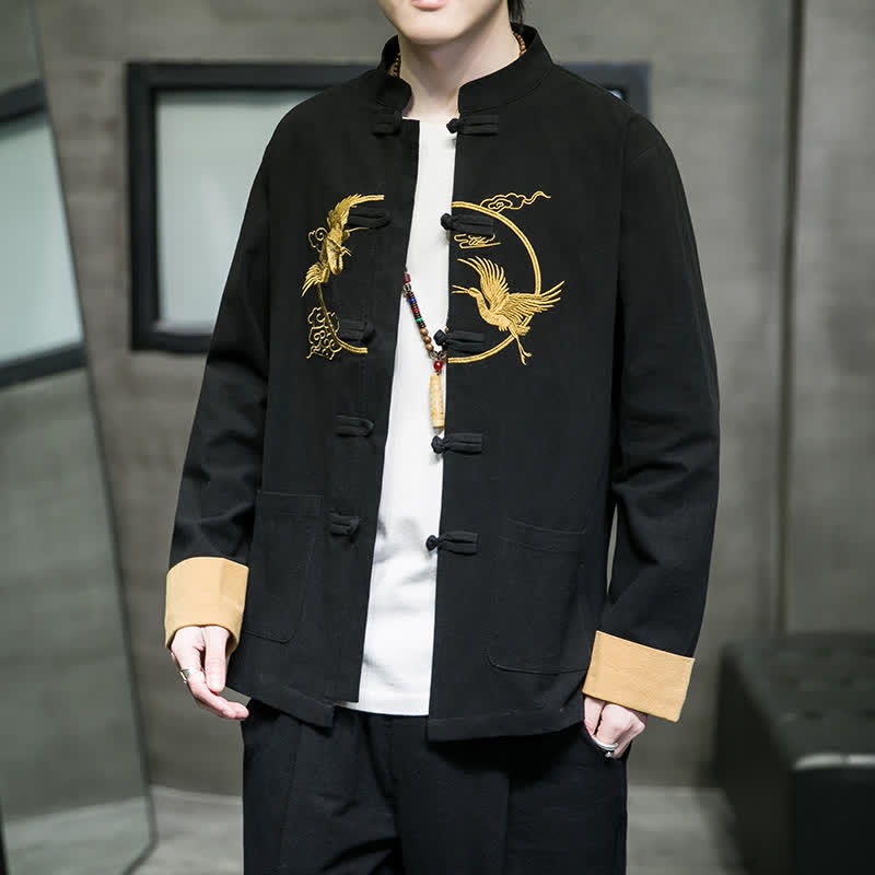 Buddha Stones Fall Winter Tang Style Vintage Frog Button Crane Clouds Embroidery Pattern Cotton Men's Jacket With Pockets - Black - US/UK/AU46，EU56 (5XL) - image 9