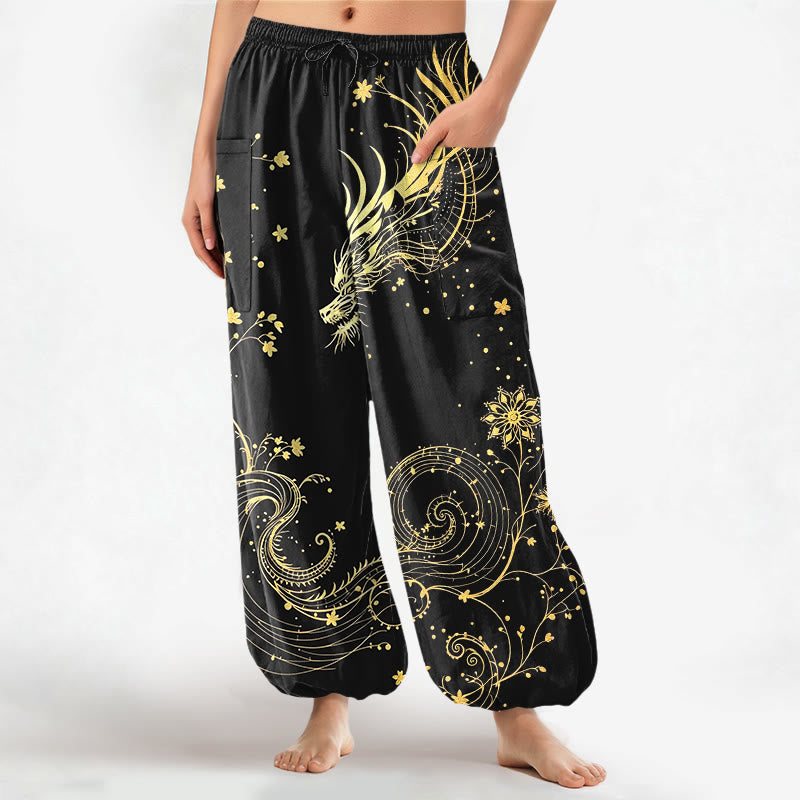 Buddha Stones Cotton Golden Dragon Swirl Floral Pattern Women's Elastic Waist Harem Pants With Side Pockets - Black - US16，UK/AU20，EU48 (3XL) - image 0