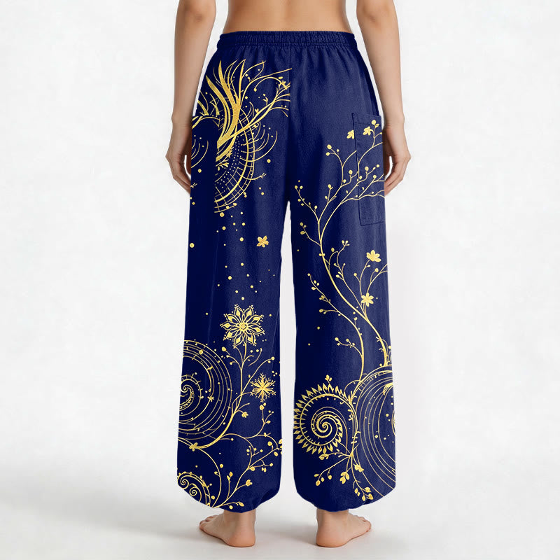 Buddha Stones Cotton Golden Dragon Swirl Floral Pattern Women's Elastic Waist Harem Pants With Side Pockets - image 9