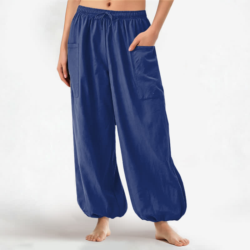 Buddha Stones Cotton Solid Color Minimalist Pattern Women's Elastic Waist Harem Pants With Side Pockets - Navy - US16，UK/AU20，EU48 (3XL) - image 7