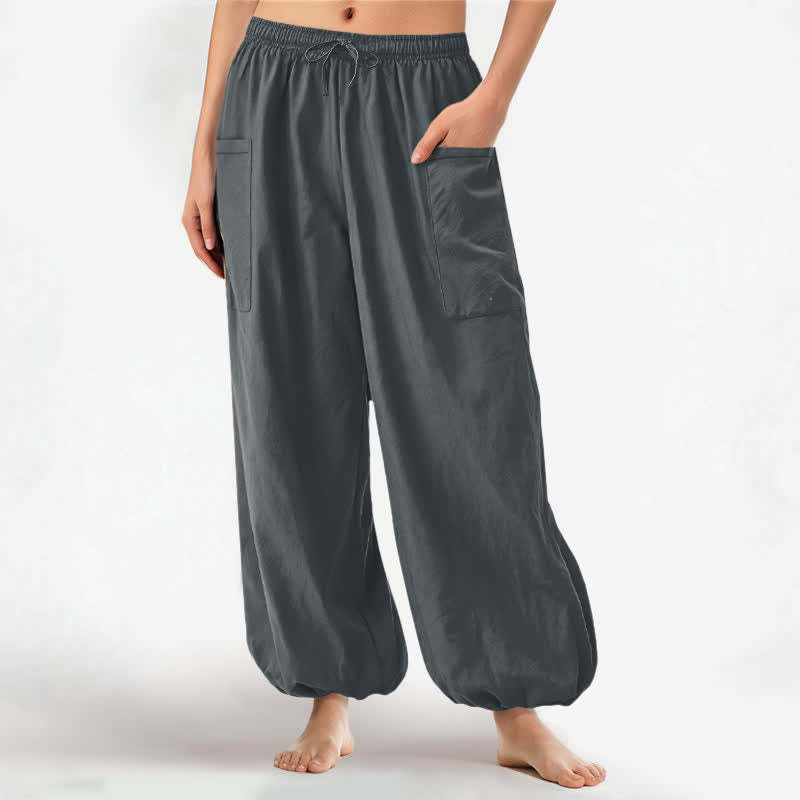 Buddha Stones Cotton Solid Color Minimalist Pattern Women's Elastic Waist Harem Pants With Side Pockets - SlateGray - US16，UK/AU20，EU48 (3XL) - image 10