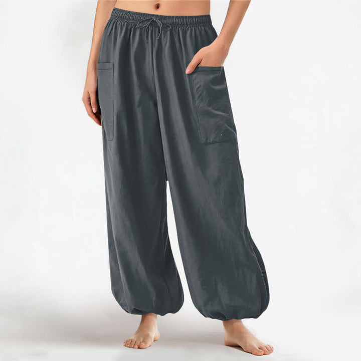 Buddha Stones Cotton Solid Color Minimalist Pattern Women's Elastic Waist Harem Pants With Side Pockets - SlateGray - US16，UK/AU20，EU48 (3XL) - image 10