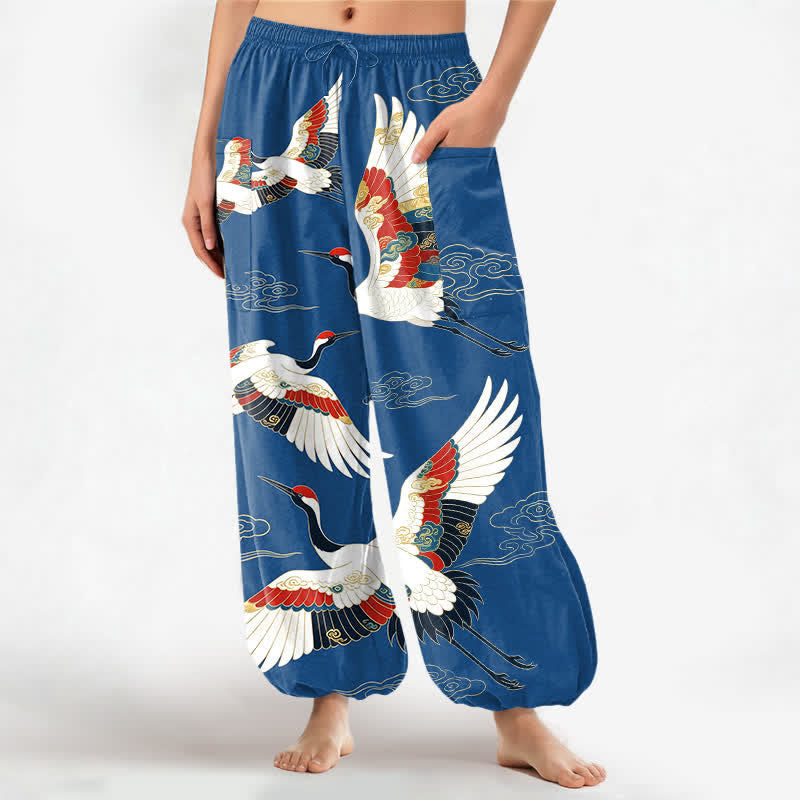 Buddha Stones Cotton Oriental Crane Cloud Pattern Women's Elastic Waist Harem Pants With Side Pockets - CornflowerBlue - US16，UK/AU20，EU48 (3XL) - image 0