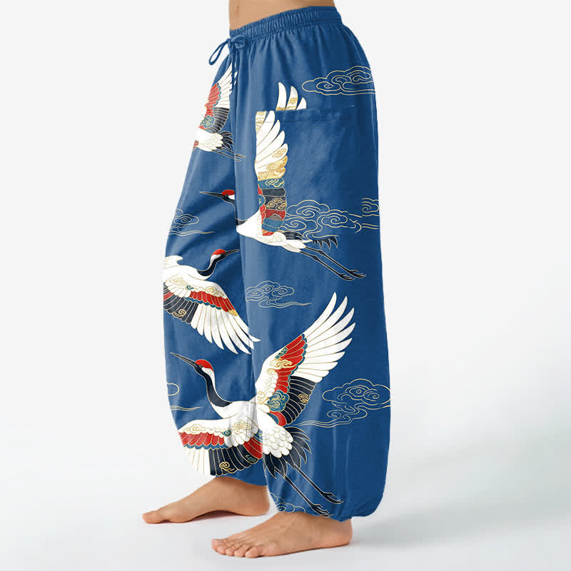 Buddha Stones Cotton Oriental Crane Cloud Pattern Women's Elastic Waist Harem Pants With Side Pockets - image 1