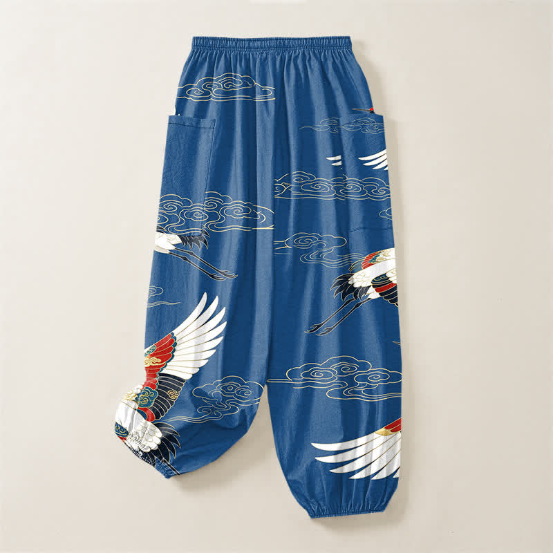 Buddha Stones Cotton Oriental Crane Cloud Pattern Women's Elastic Waist Harem Pants With Side Pockets - image 4