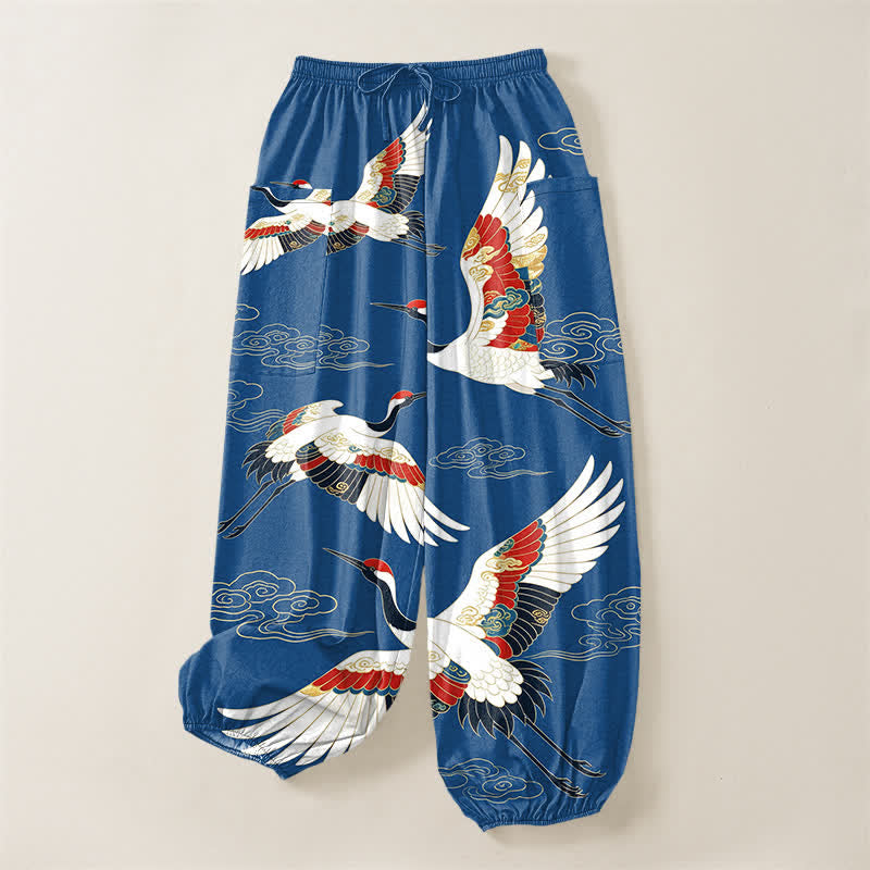 Buddha Stones Cotton Oriental Crane Cloud Pattern Women's Elastic Waist Harem Pants With Side Pockets - image 3