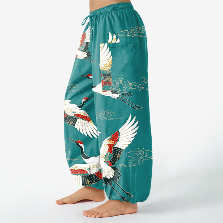 Buddha Stones Cotton Oriental Crane Cloud Pattern Women's Elastic Waist Harem Pants With Side Pockets - image 8