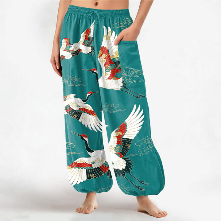 Buddha Stones Cotton Oriental Crane Cloud Pattern Women's Elastic Waist Harem Pants With Side Pockets - MediumTurquoise - US16，UK/AU20，EU48 (3XL) - image 7