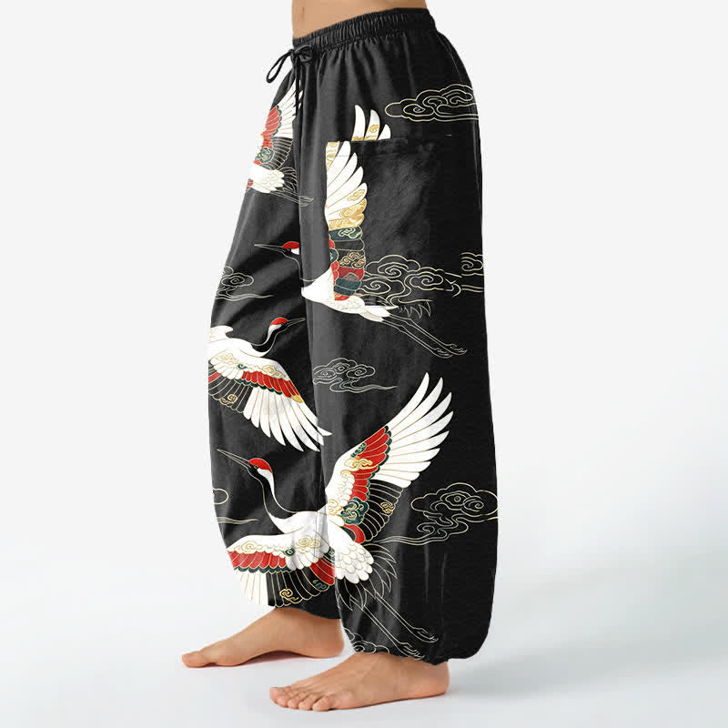 Buddha Stones Cotton Oriental Crane Cloud Pattern Women's Elastic Waist Harem Pants With Side Pockets - image 11