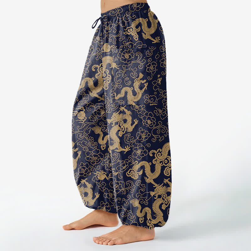 Buddha Stones Cotton Golden Dragon Flower Pattern Women's Elastic Waist Harem Pants With Side Pockets - image 1