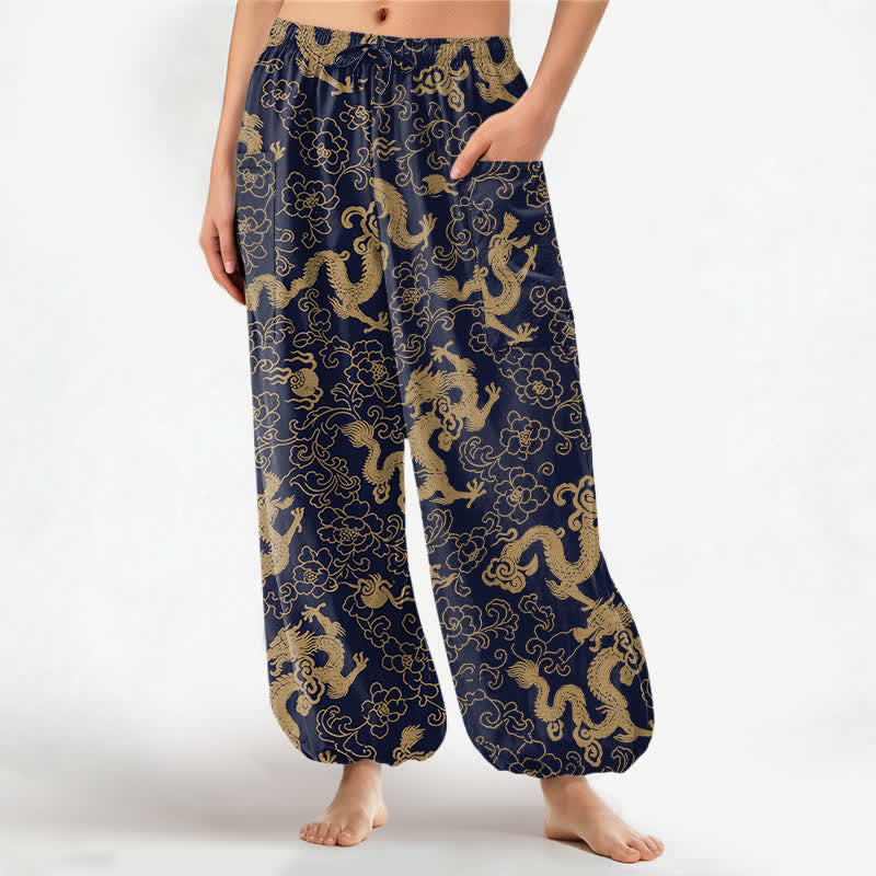 Buddha Stones Cotton Golden Dragon Flower Pattern Women's Elastic Waist Harem Pants With Side Pockets - Navy - US16，UK/AU20，EU48 (3XL) - image 0