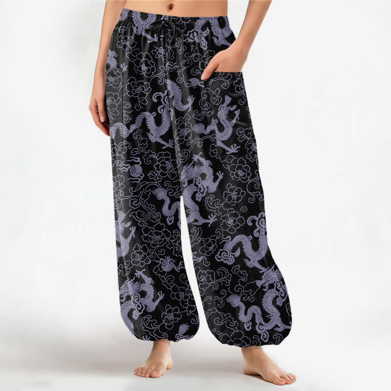Buddha Stones Cotton Golden Dragon Flower Pattern Women's Elastic Waist Harem Pants With Side Pockets - Black - US16，UK/AU20，EU48 (3XL) - image 10